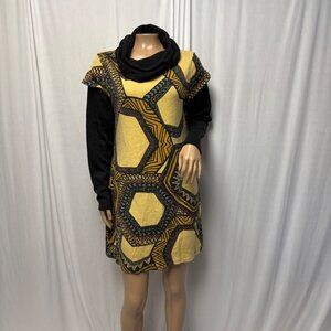 24Seven Knit Dress Size Large Black Yellow Geometric Cowl Neck Long Sleeves NEW